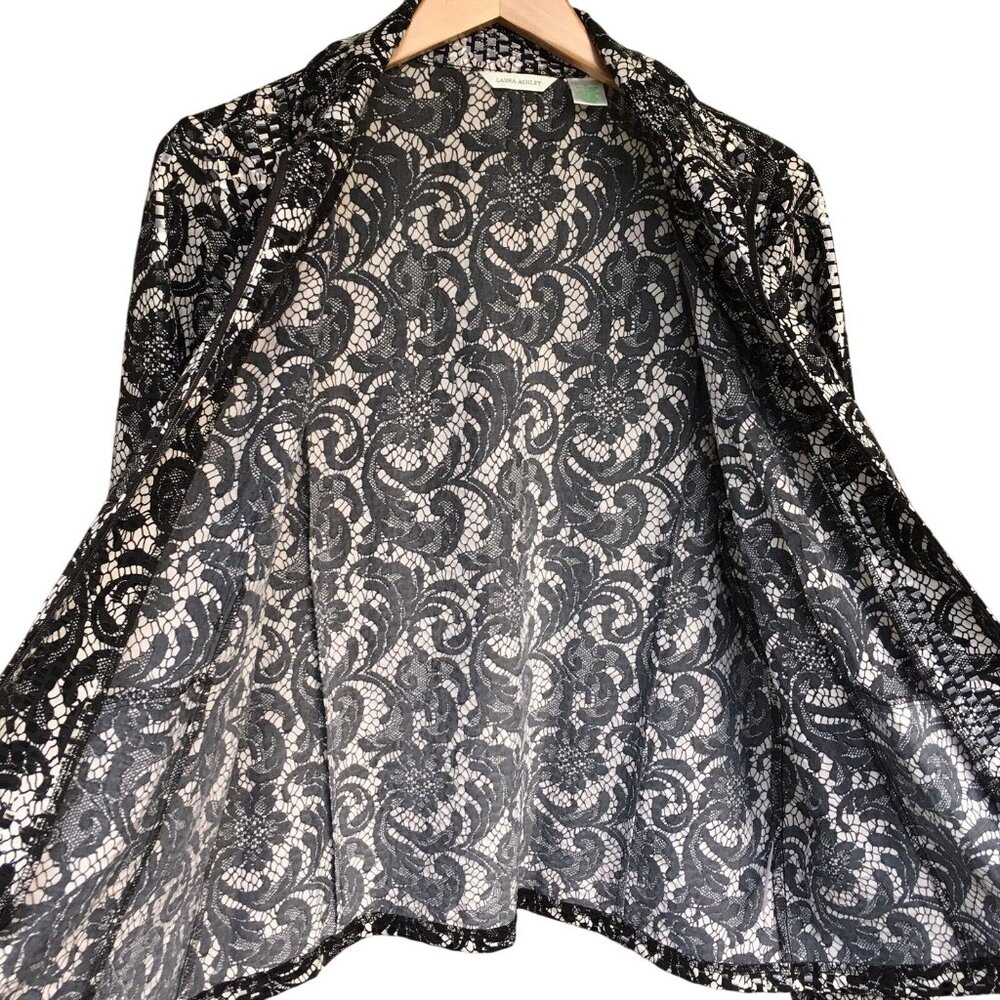 Laura Ashley Jacket Women Sz L Full Zip Black White Paisley Shiny Boxy Collar - Picture 10 of 12